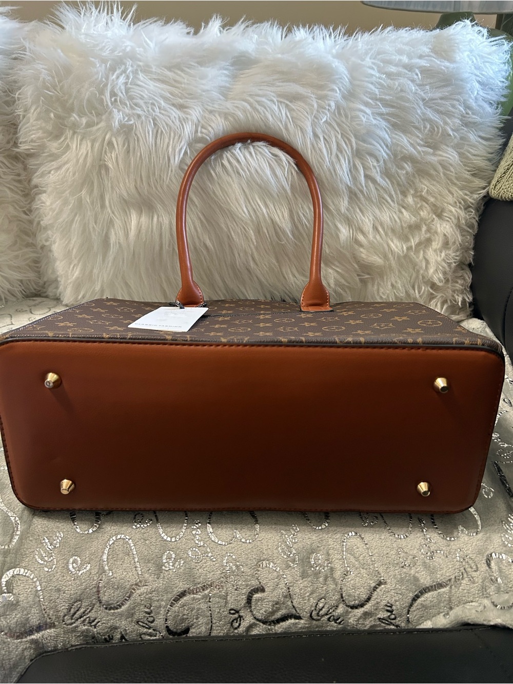 NWT Brown Monogram Tote Handbag with Gold Lock & Matching Wallet - Picture 7 of 11